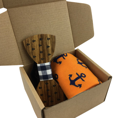Premium Wooden Creative Handmade Bowtie with Matching Cotton Mens Blend Sock