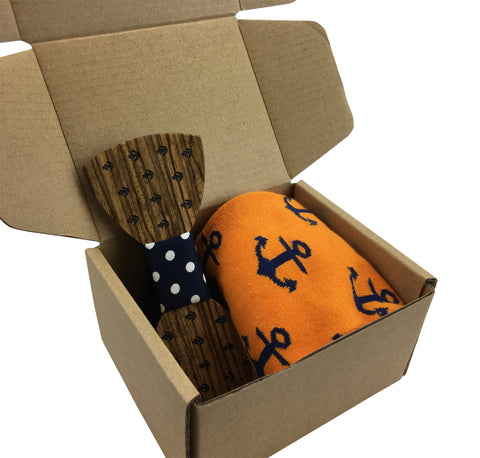 Premium Wooden Creative Handmade Bowtie with Matching Cotton Mens Blend Sock