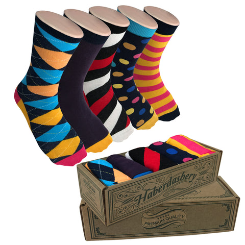 5 Pair Mens Funky Fun Colorful Socks-Hipster Power Socks-Premium Cotton Socks