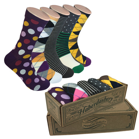 5 Pair Mens Funky Fun Colorful Socks-Hipster Power Socks-Premium Cotton Socks