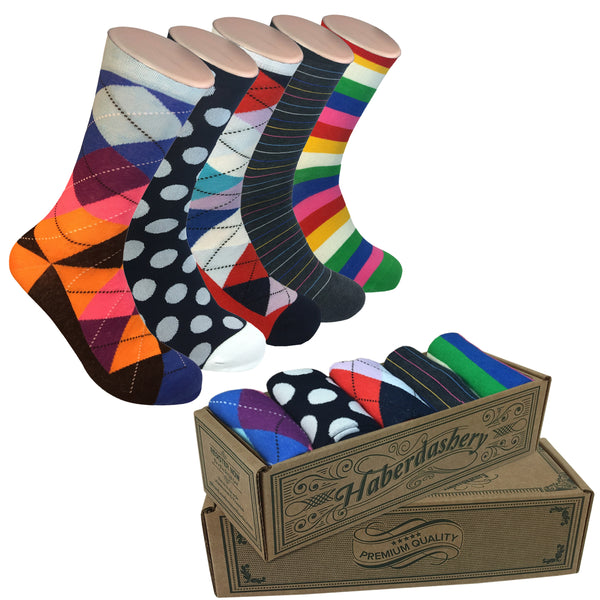 5 Pair Mens Funky Fun Colorful Socks-Hipster Power Socks-Premium Cotton Socks