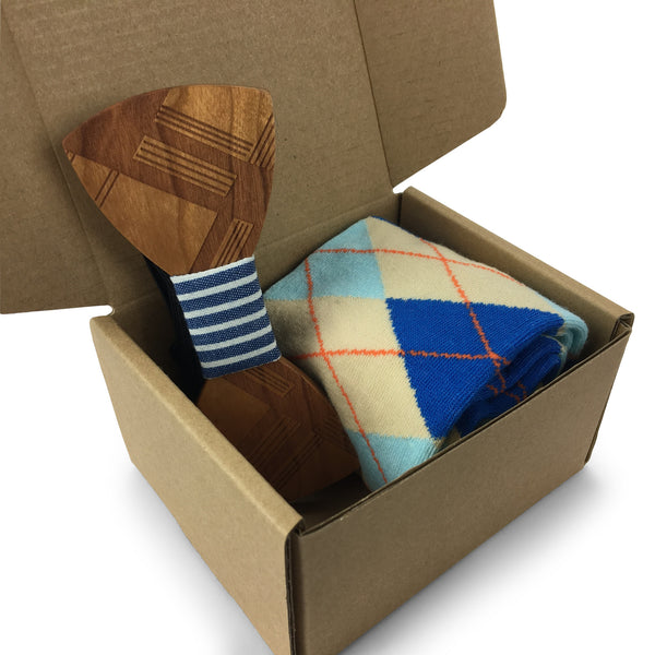 Premium Wooden Creative Handmade Bowtie with Matching Cotton Mens Blend Sock