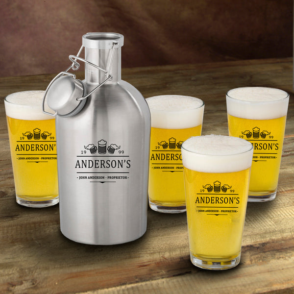 Stainless Steel Growler with Pint Glass Set