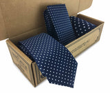 Men Matching 3 Piece Combo Tie, Pocket Square and Socks Navy with tiny white dots in Kraft Gift Box