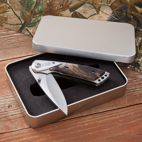 Camouflage Lock-Back Knife in Tin Case