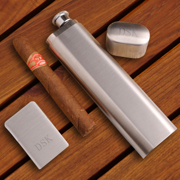 Cigar Case Flask with Brushed Lighter Set