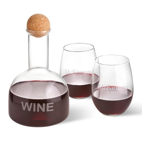 Wine Decanter in Wood Crate with 2 Stemless Wine Glasses