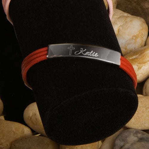 Inspirational Leather Bracelet with Engraved Cross