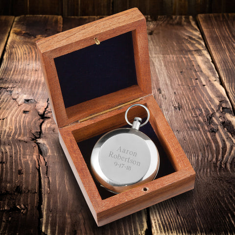 High Polish Silver Keepsake Compass with Wooden Box
