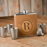 Monogrammed Tan Hide Stitch Flask & Shot Glass Gift Set