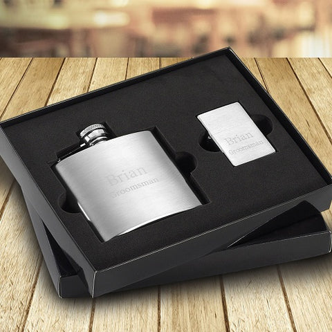 Personalized 6 oz. Brushed Flask and Lighter Gift Set