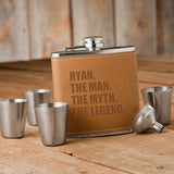 Man Myth Legend Tan Hide Stitched Flask & Shot Glass Set